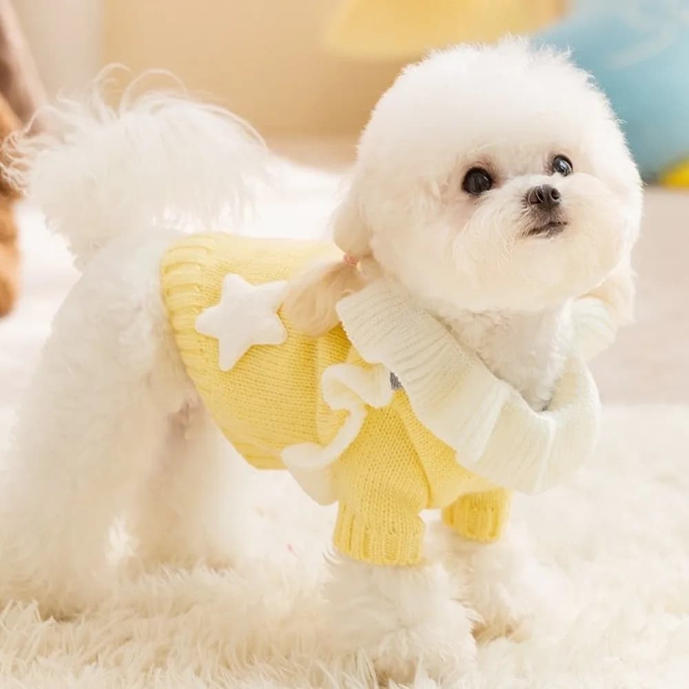 Maglione per Cani Stile Principessa, Caldo e Morbido Pullover per Cuccioli con Colletto Arricciato e Motivo a Stelle, Vestito con Colletto per Cani Primavera Autunno