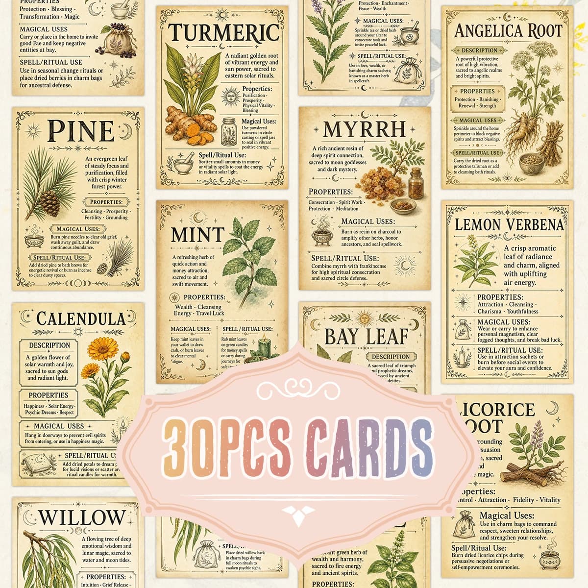 30pcs Vintage Grimoire Witchcraft Herbal Cards,Botanical Herb Properties Guide Cards,Plant Information Card For Beginner Witches