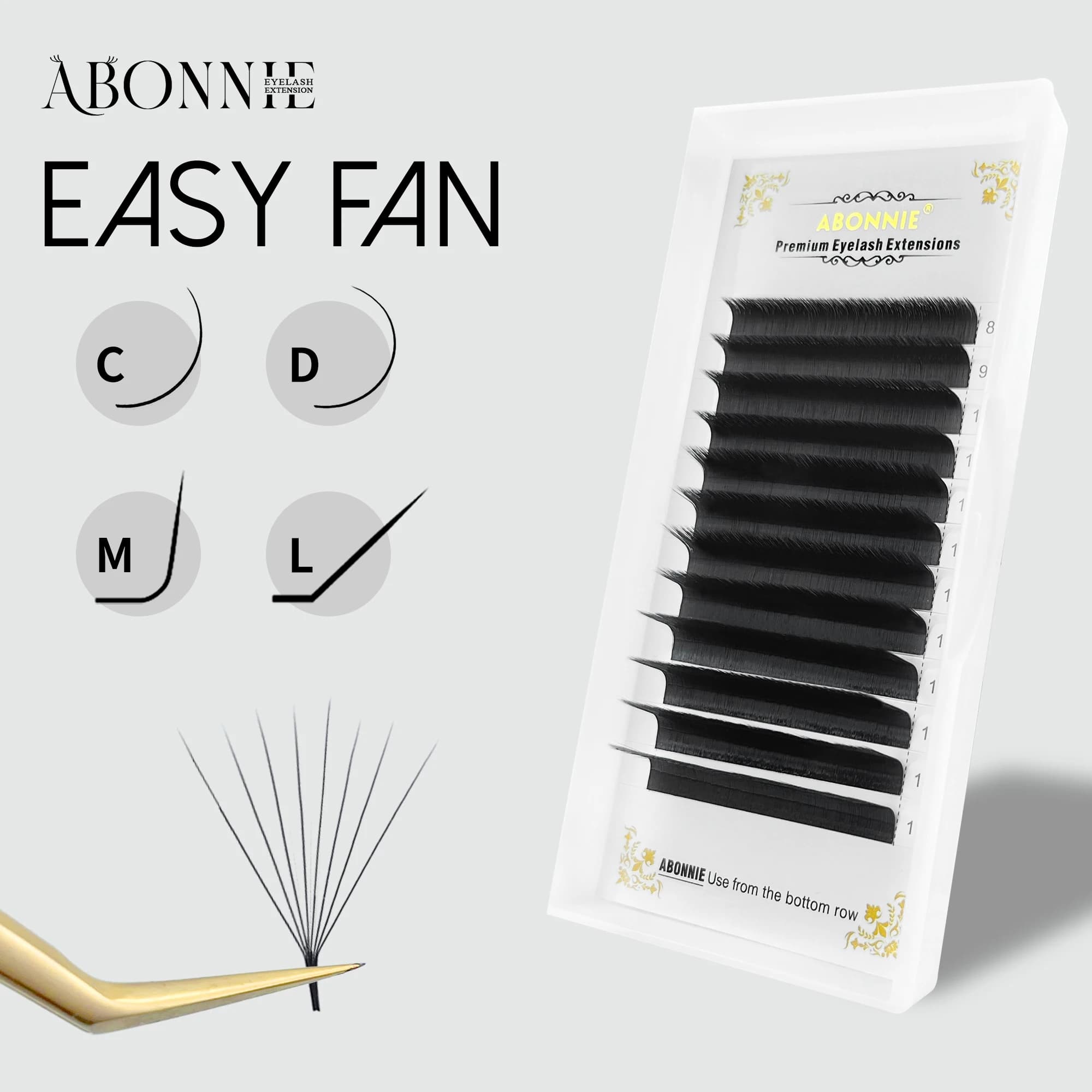 Extension ciglia Abonnie M Curl Easy Fan, volume soffice, vassoio nero opaco