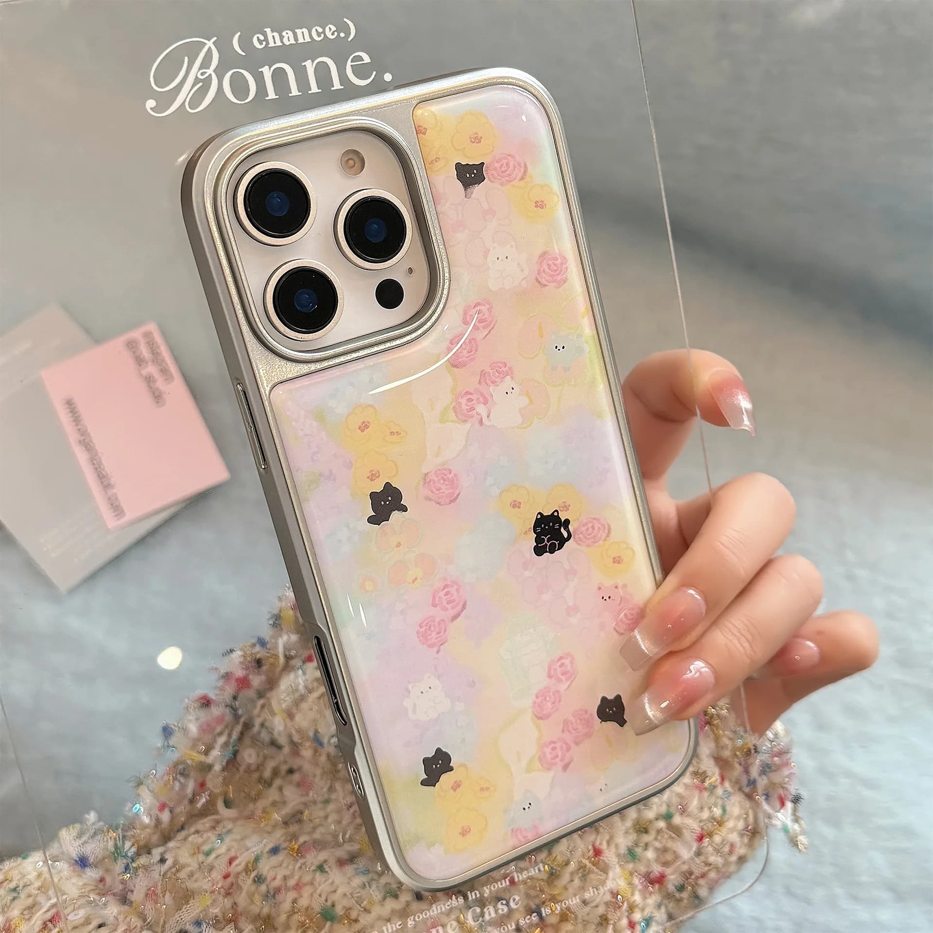Coreano simpatico cartone animato gattino fiori goccia colla placcatura bordo argento cassa del telefono per iPhone 16 15 14 13 12 Pro Max copertura antiurto