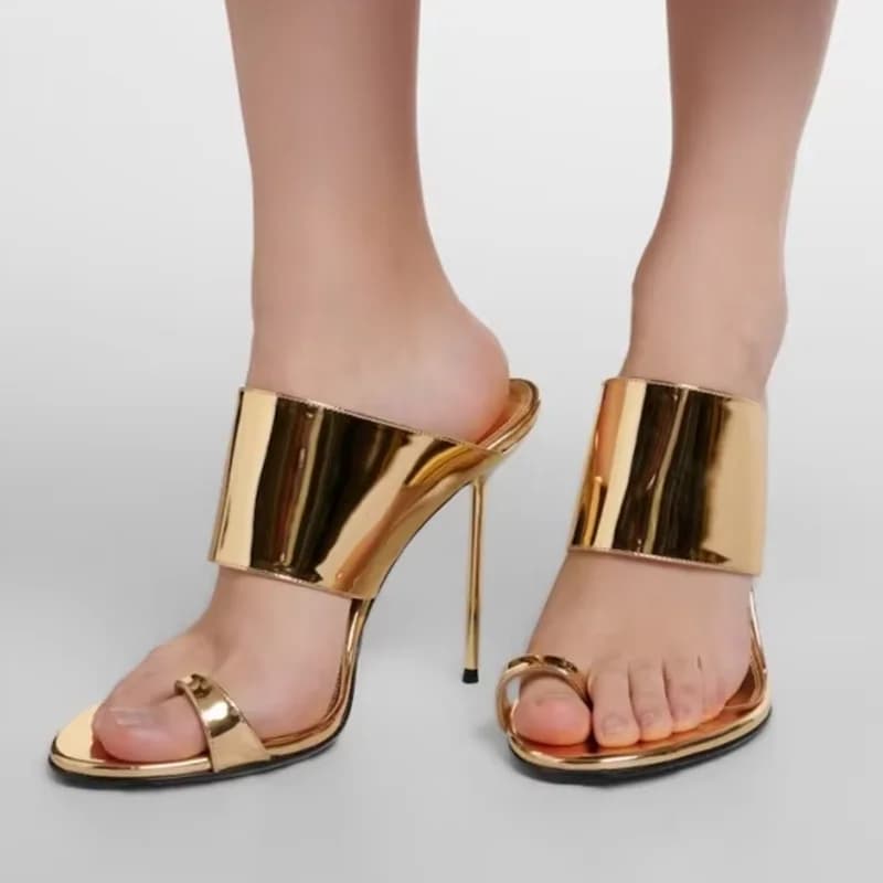 Flip Toe One Word Belt High Heel Slippers Sexy Round Toe Thin Heels Leather Customized New Arrivals Fashion Women Modern Shoes