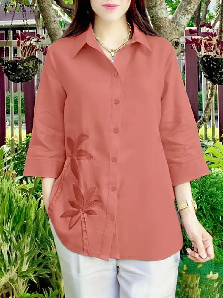 Camicie vintage ZANZEA Camicetta ricamata floreale autunnale Donna Scollo a V Camicia manica 3/4 Bottoni casual Blusas Donna OL Wprk Top