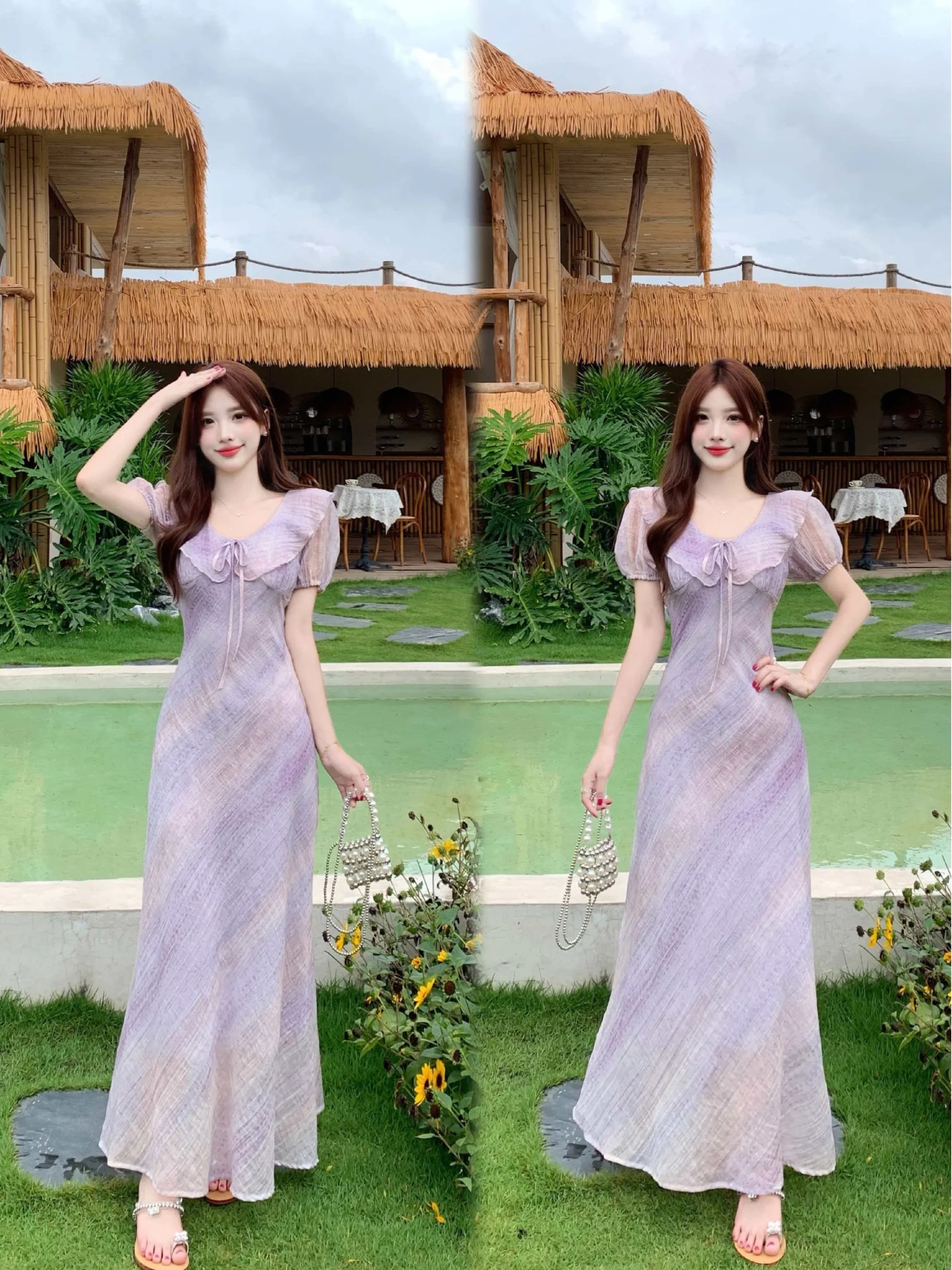Abito lungo estivo da donna taglie forti, elegante, viola, con scollo all'americana, finiture in pizzo floreale, maniche a sbuffo sfumate in chiffon, alla moda