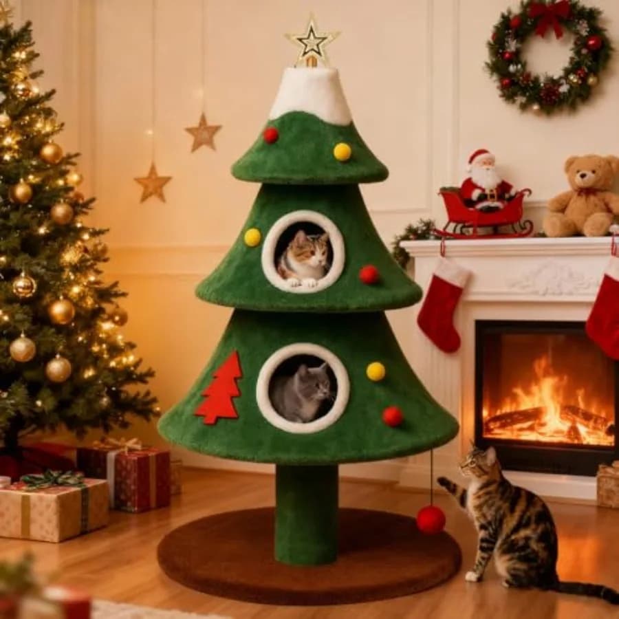 Albero per Gatti Natalizio 52 Pollici con 2 Cucce Accoglienti, Torre per Gatti Moderna da Interno in Rosso e Verde Festivo, con Posti Sdraio in Peluche, Palline Appese e Sistema Anti-Ribaltamento