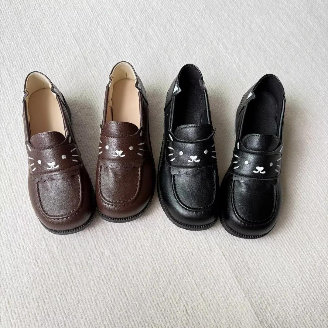 Japanese Preppy Cartoon Cat Loafers Woman Scalloped Edge Slip On Kitty Flats Women Uniform Faux Leather Shoes For Students Girls