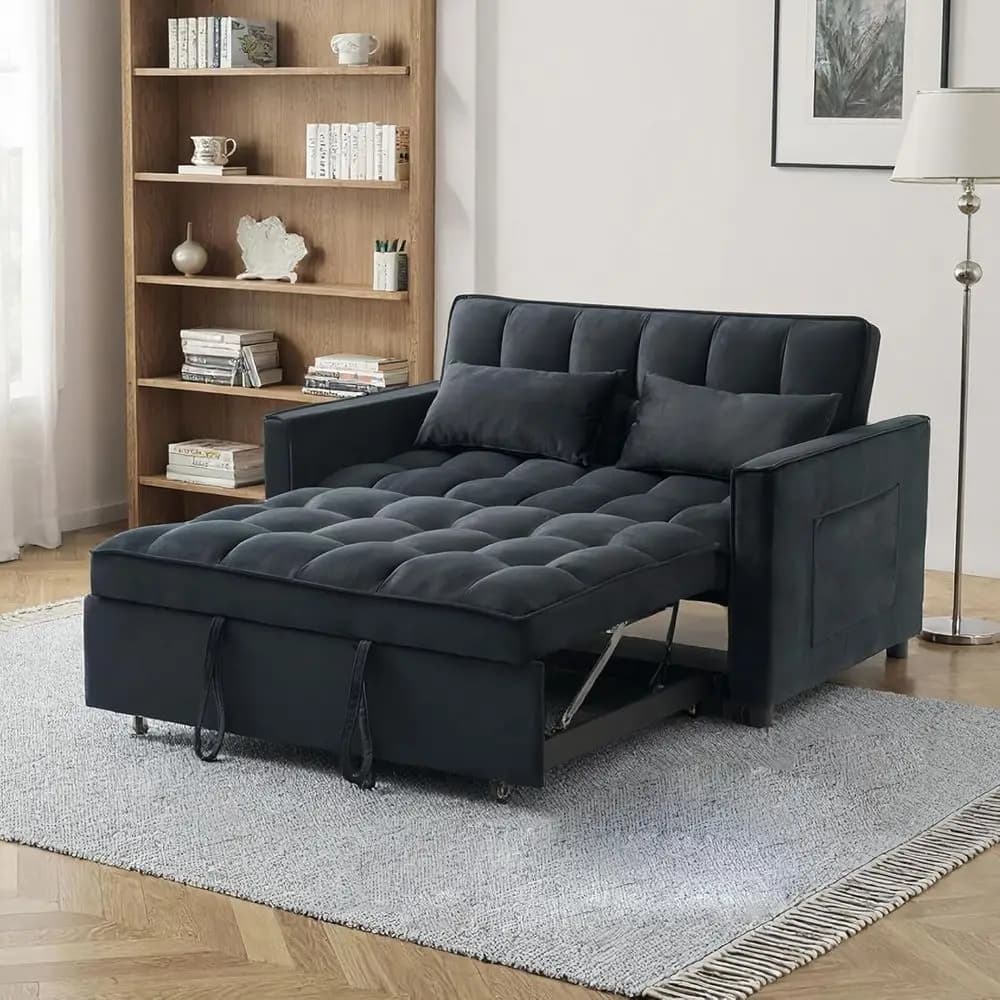 Divano Letto 3-in-1 in Velluto con Contenitore, Schienale Regolabile e 2 Cuscini per Soggiorno o Camera da Letto (Nero)