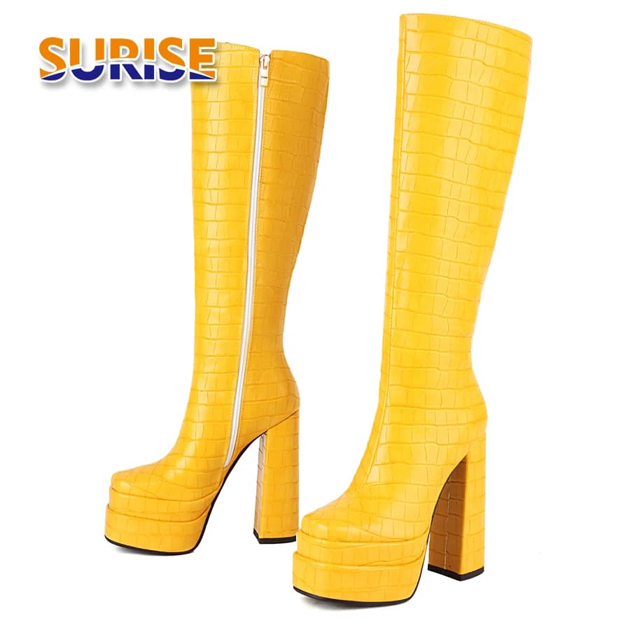 Fashionable Women's High Knee Boots Black Yellow Double Platform High and Big Heels Square Toe Long Boots Women's Hot Winter Boots with Foot Hinge