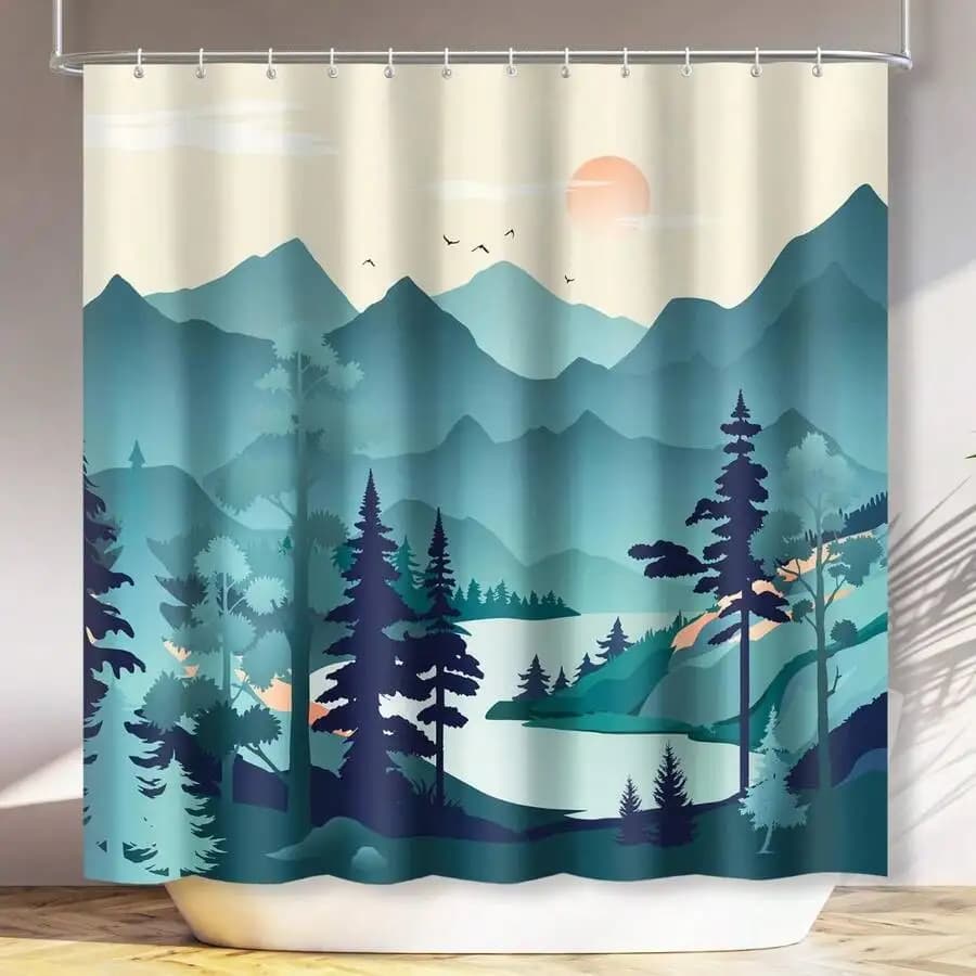 Mountain Landscape Shower Curtain Teal Green Nature Print Waterproof Machine Washable With 12 Hooks 72Wx72H Inch