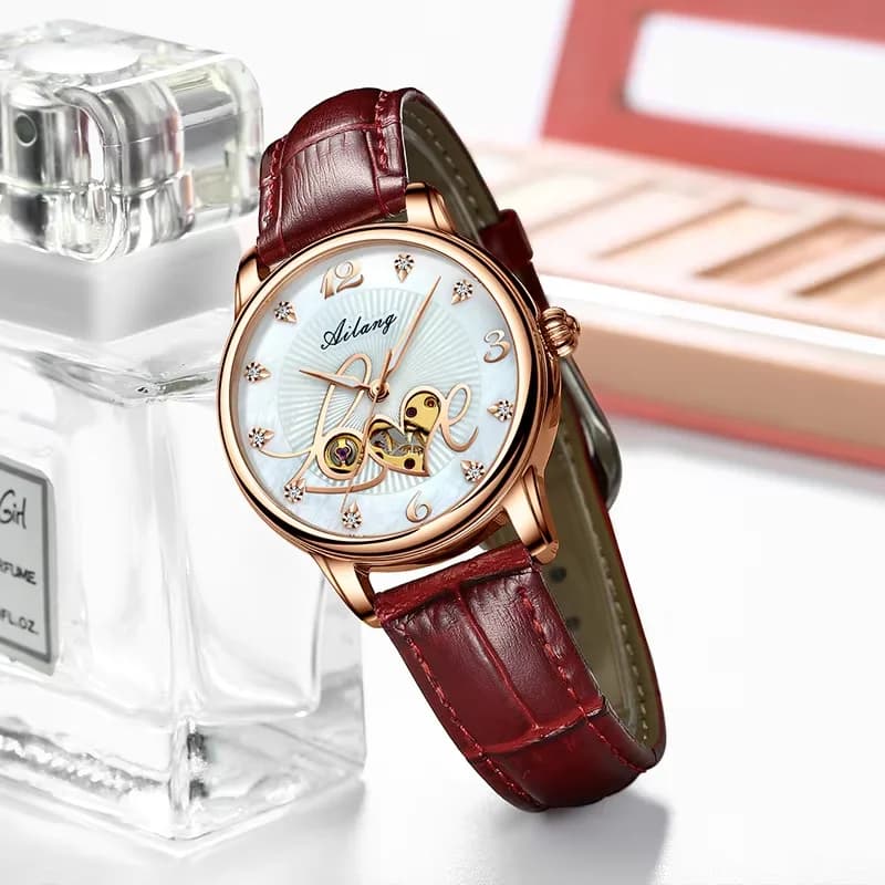 Orologio da donna AILANG 8806 con quadrante Love, orologio meccanico di lusso impermeabile per donna, cinturino in pelle traforato, orologio da polso automatico
