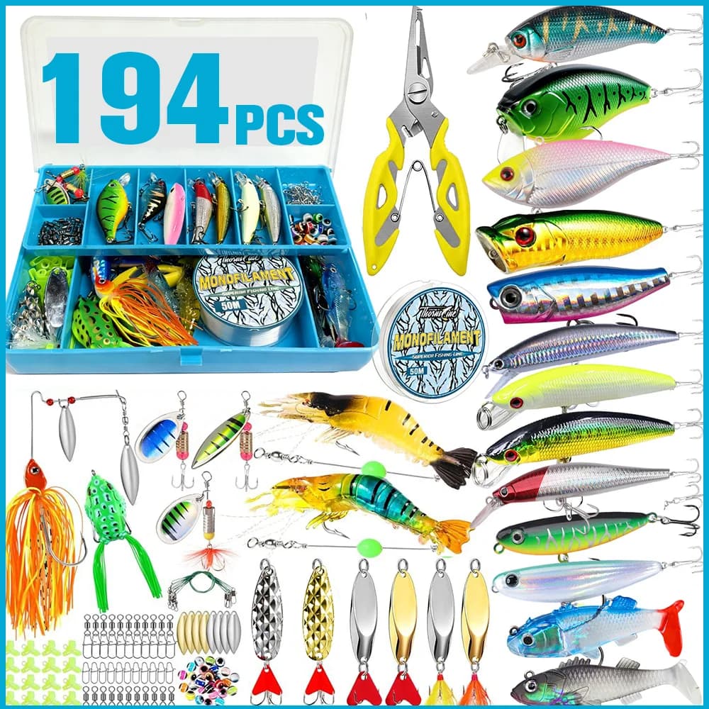 Fishing bait kit Thornsline 194 Pieces, Complete box with Pinze, Filo, Minnow, Spinner, Rana, Shrimp, for Bass, Trout, Salt Water and Sweet