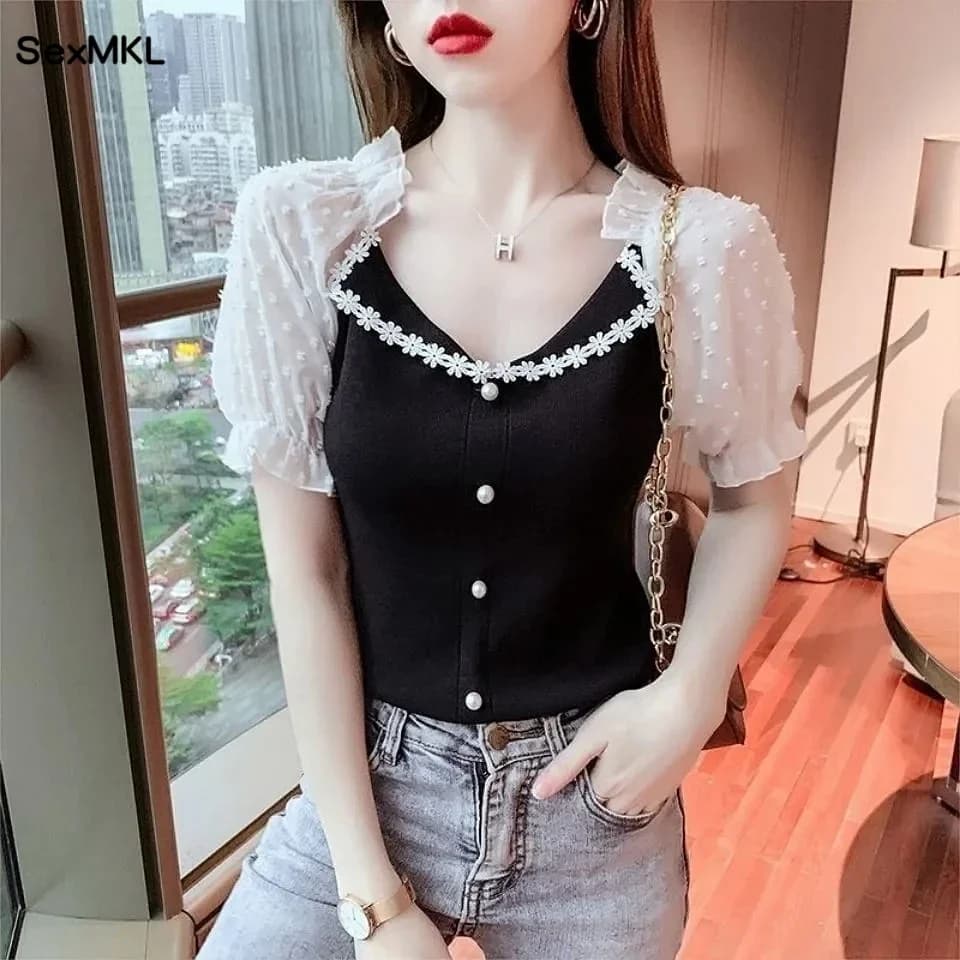 Camicetta in Chiffon con Inserti in Pizzo da Donna 2026, Elegante con Perline, Casual, Blusa Coreana Bianca con Maniche a Sbuffo, Top Estivo da Donna