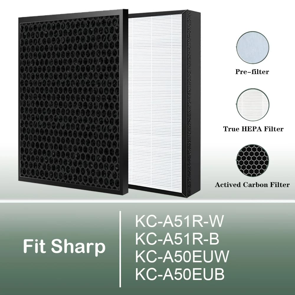 Compatibile con Sharp KC-A51R KC-A51R-W KC-A51R-B KC-A50EUW KC-A50EUB Purificatore d'aria, filtro HEPA e carbone FZ-A51HFR FZ-A51DFR
