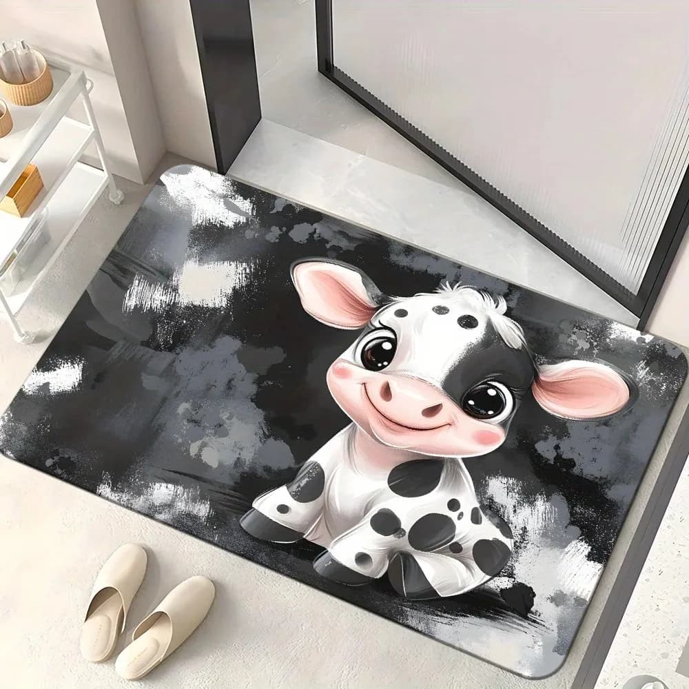 Cute Cartoon Cow Doormat Flannel Non-Slip Absorbent Microfiber Rug for Home Entrance
