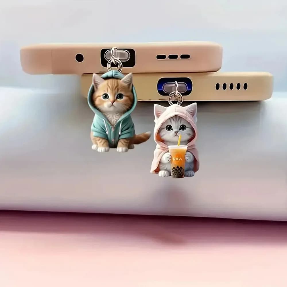 Fashion 3D Cartoon Cat Phone Dust Plug Cute Charger Port Cover for iPhone 14 15 16 Pro Max Samsung S24 Type-C Mini Charm Pendant