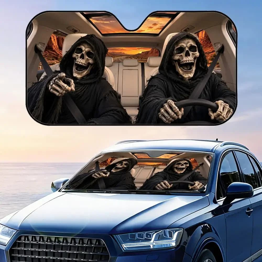 Divertente parasole per auto con Grim Reaper in mantello, protezione UV, riflettente, pieghevole, isolante dal calore
