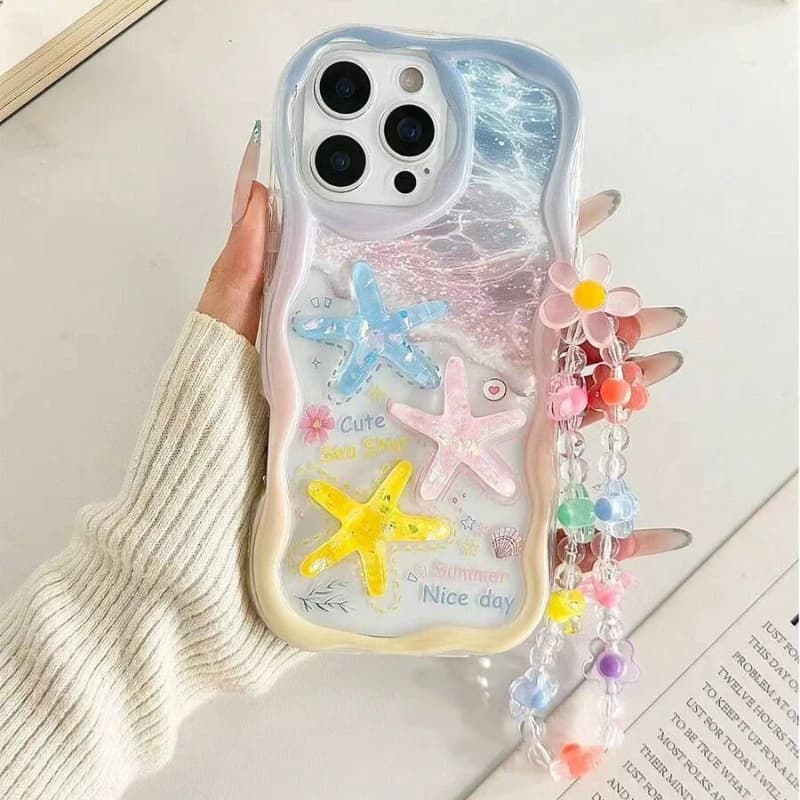 Cartoon Starfish Shell Transparent Wavy-edge Phone Case For iPhone 17 16 15 14 Plus 13 12 11 Pro Max 16E 17E With Lanyard Cover