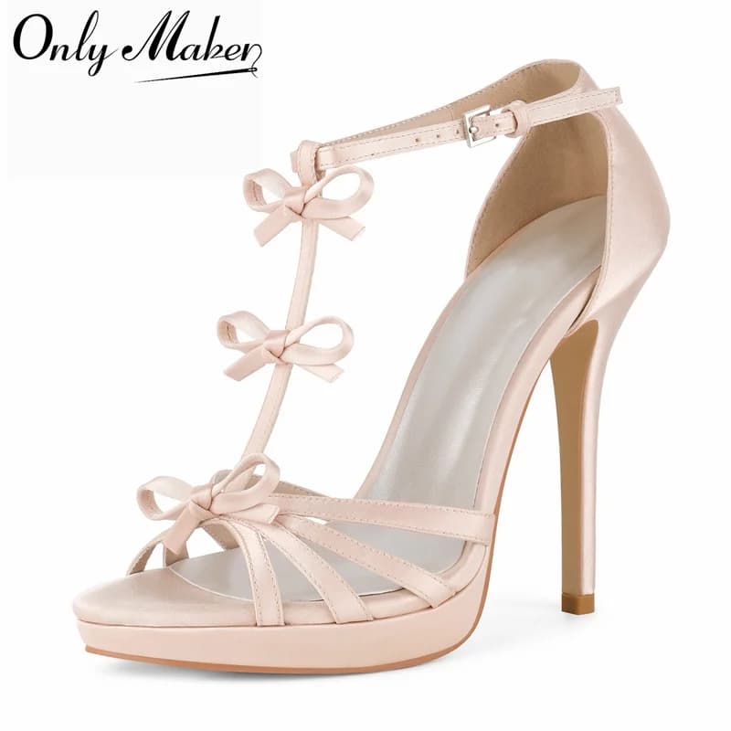 Onlymaker Women Pink Platform Stiletto Sandals Buckle T-Strap Ankle Strap Open Round Toe Thin High Heel Party Dress Heels