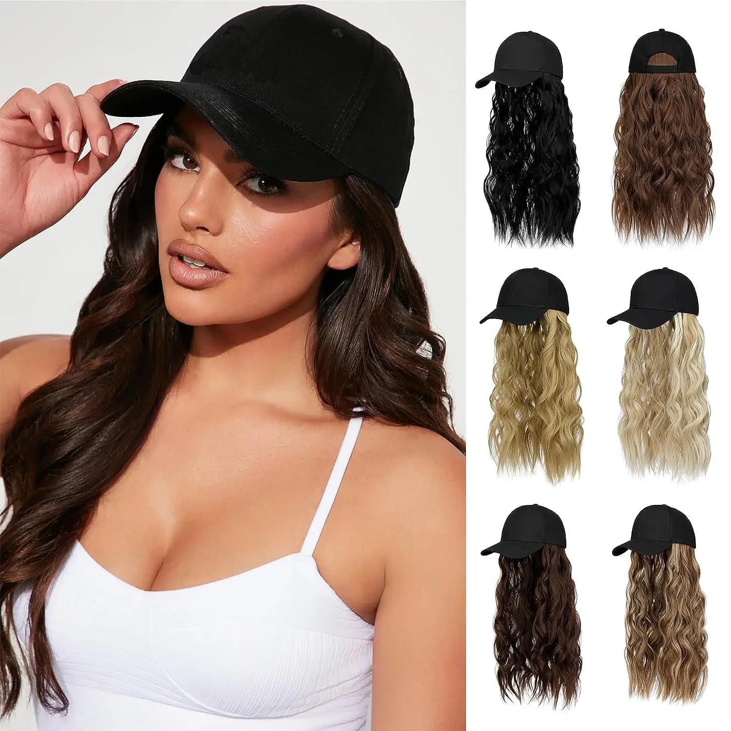 SHANGZI cappello parrucca berretto da Baseball con estensioni dei capelli cappello regolabile attaccato 24 "lunghi capelli ondulati parrucca sintetica Ginger Brown