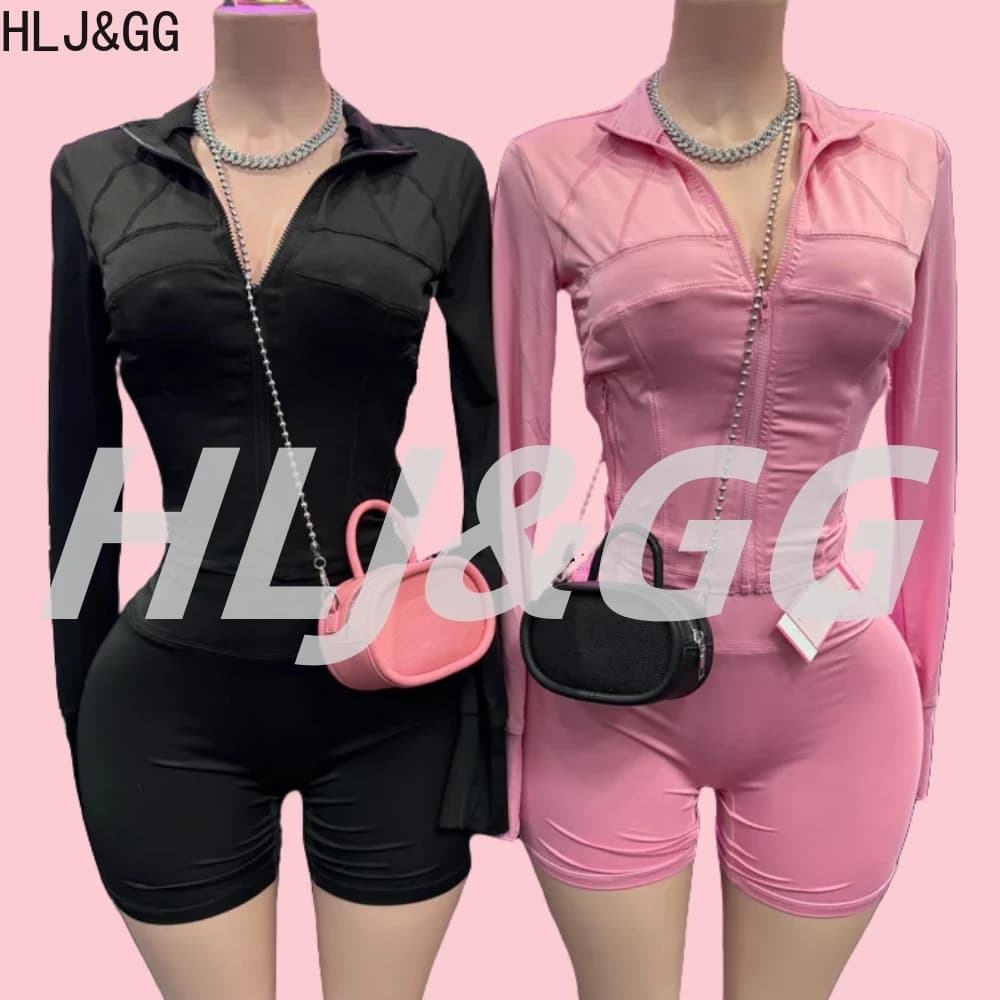 HLJ&GG Pantaloncini skinny sportivi casual Set da due pezzi Top slim a maniche lunghe con zip da donna + Pantaloncini Completi estivi Nuove tute elastiche