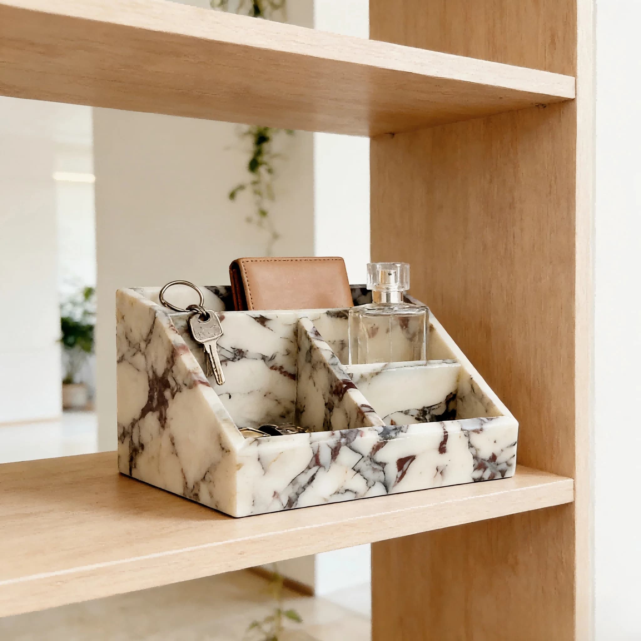 Calacatta Viola Marble &Travertine 4-Compartment Box, Stone Pen & Brush Holder, Multifunctional Jewelry makeup brushOrganizer