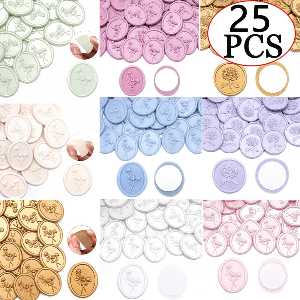 25pcs/set 3D Floral Wax Seal Stickers - Elegant Oval Sage Green Self-Adhesive Stickers for Wedding Invitations, Envelopes,Gift
