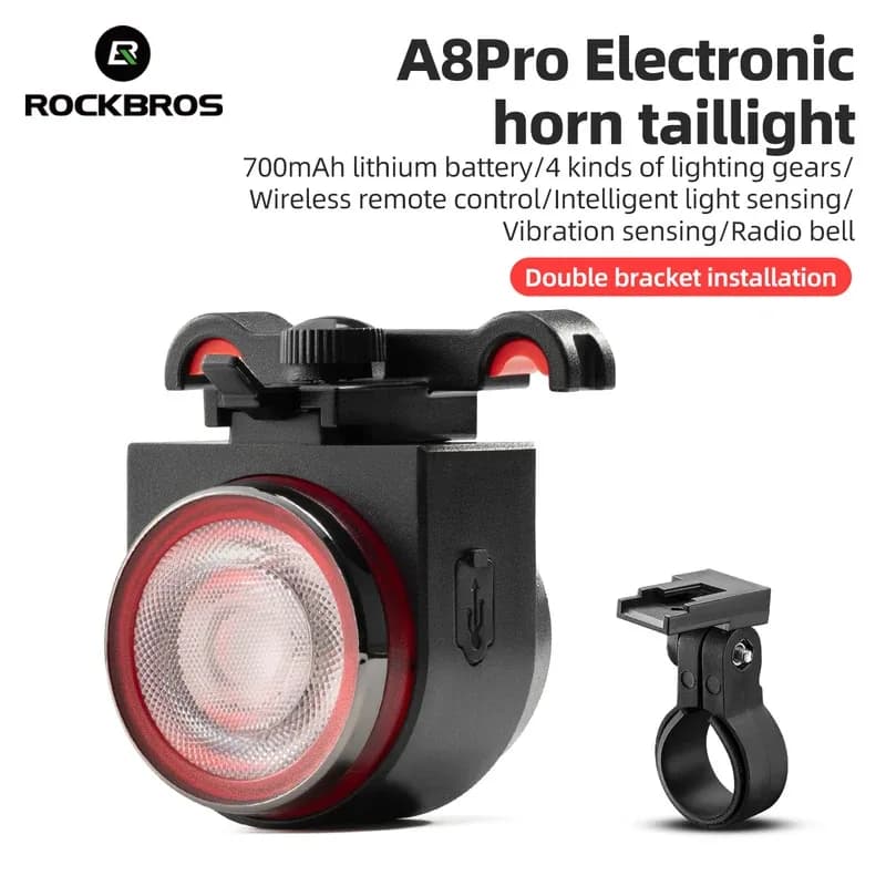 ROCKBROS Fanale posteriore per bicicletta con telecomando + clacson Allarme rilevamento freno Fanale posteriore IPX5 Luce posteriore per bicicletta Campanello per bici elettronico