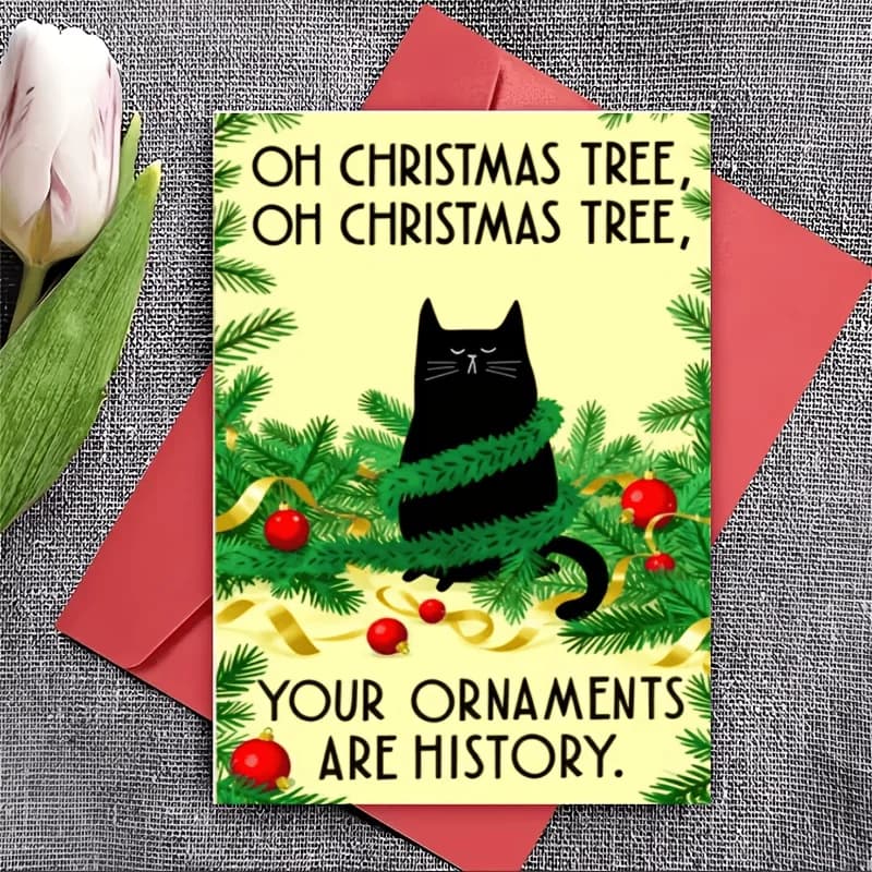 Funny Cat Xmas Tree Card for Cat Lovers, Bestie & Partner. Quirky Holiday Greeting for Eve, Party, Gift Box & Daily Fun Mail