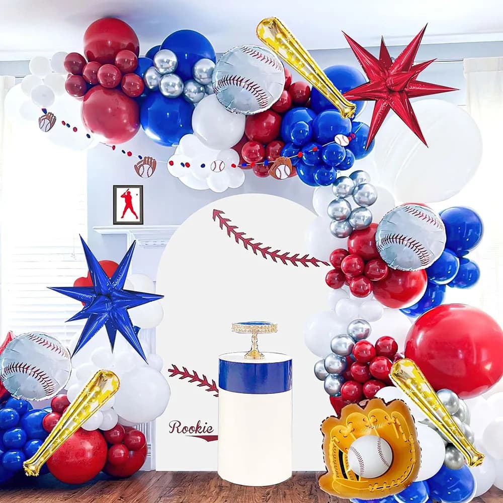 Kit arco ghirlanda di palloncini da baseball 150 pezzi Rosso Blu Argento e Stella Esplosivo Mazza da baseball Guanto Palloncino per sport Festa a tema Capodanno Decorazione per il primo compleanno