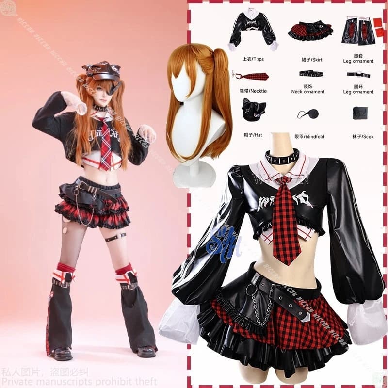 Anime Asuaka Cosplay Kawaii Jirai Kei Costume per ragazze Rosso Nero Plaid Pizzo Mini Gonna Torta Orecchio di Gatto Cappello Goth Lolita Festa di Halloween