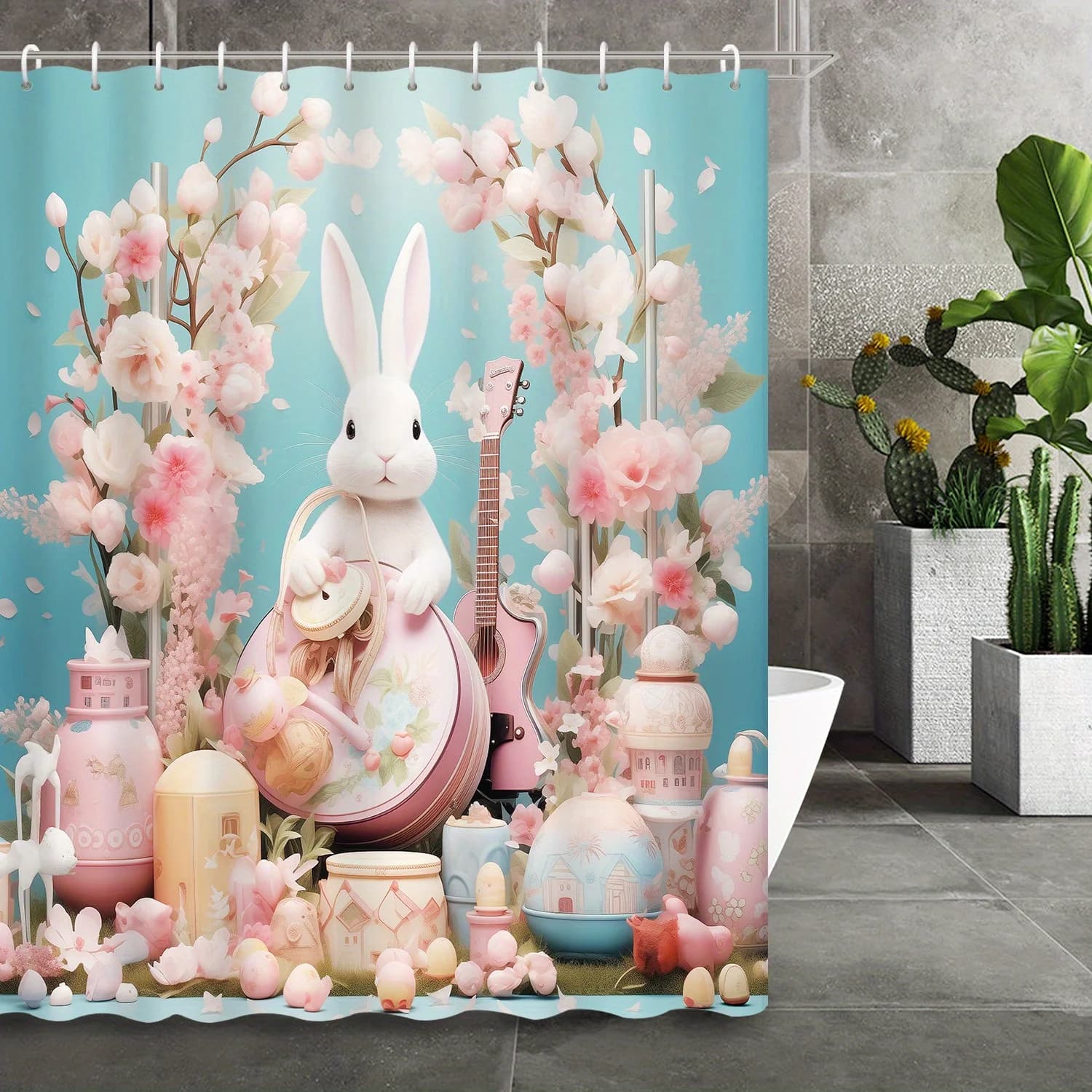 Tenda da doccia romantica coniglietto floreale rosa, 12 ganci inclusi, simpatica stampa di cartoni animati per l'arredamento del bagno