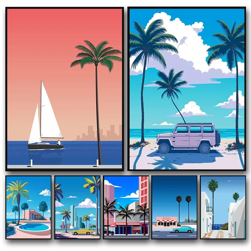 Poster Artistico Pop City Landscape, Stampa Hiroshi Nagai, Tramonto a Palm Springs, Piscina, Auto, Quadri Diamantati, Immagini da Museo, Decorazioni per la Casa