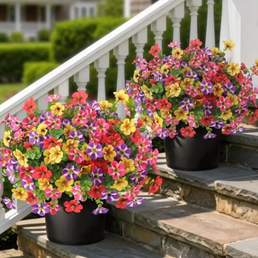 Set di 2 Piante Artificiali di Campanula e Eucalipto - Fiori Finti in Seta in Vaso, Resistenti ai Raggi UV, per Esterni