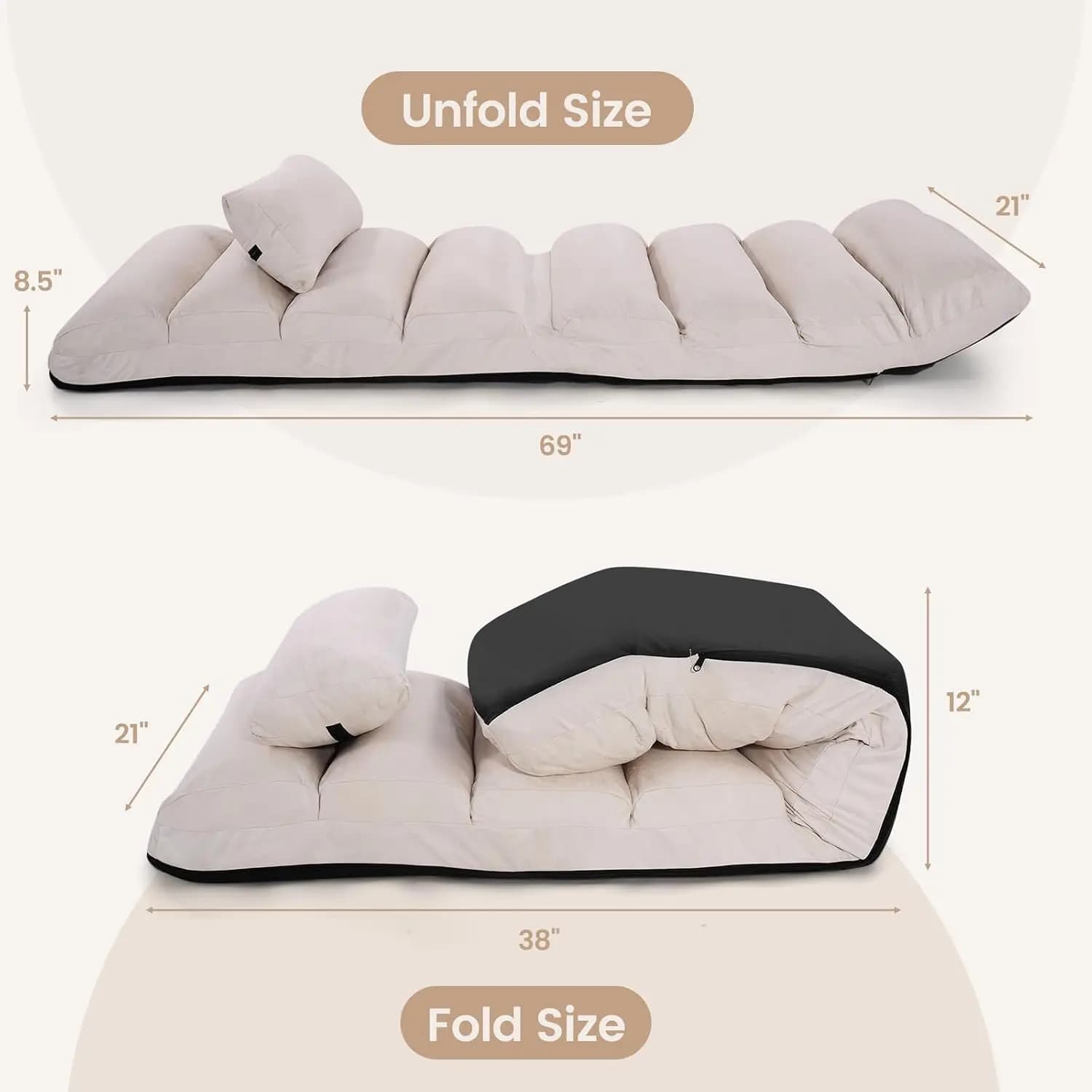 Foldable Floor Sofa with Pillow, Lounge 5 Adjustable Positions, Back Support & Footrest, Gaming Chair Home Office, Customized