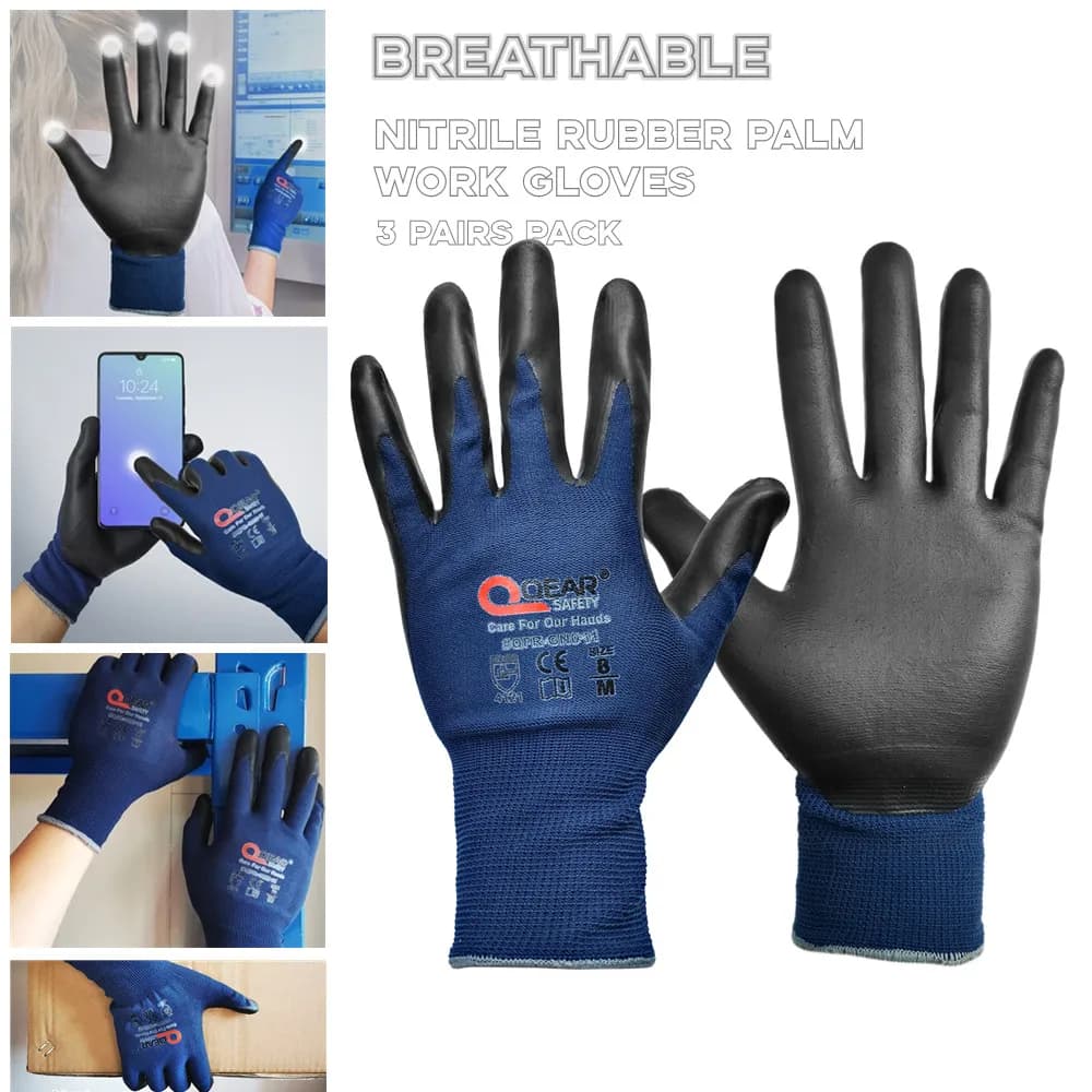 3 paia di guanti di sicurezza sul lavoro Touch-Screen blu Navy, rivestiti con palmo in gomma nitrilica espansa, per uso generale, lavori meccanici, costruzioni
