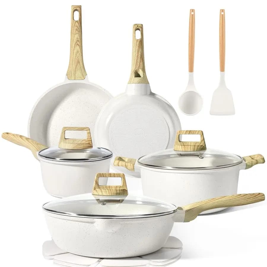 Set di Pentole e Padelle Antiaderenti 14 Pezzi in Granito Bianco, Set di Utensili da Cucina Antiaderenti per Induzione con Padella