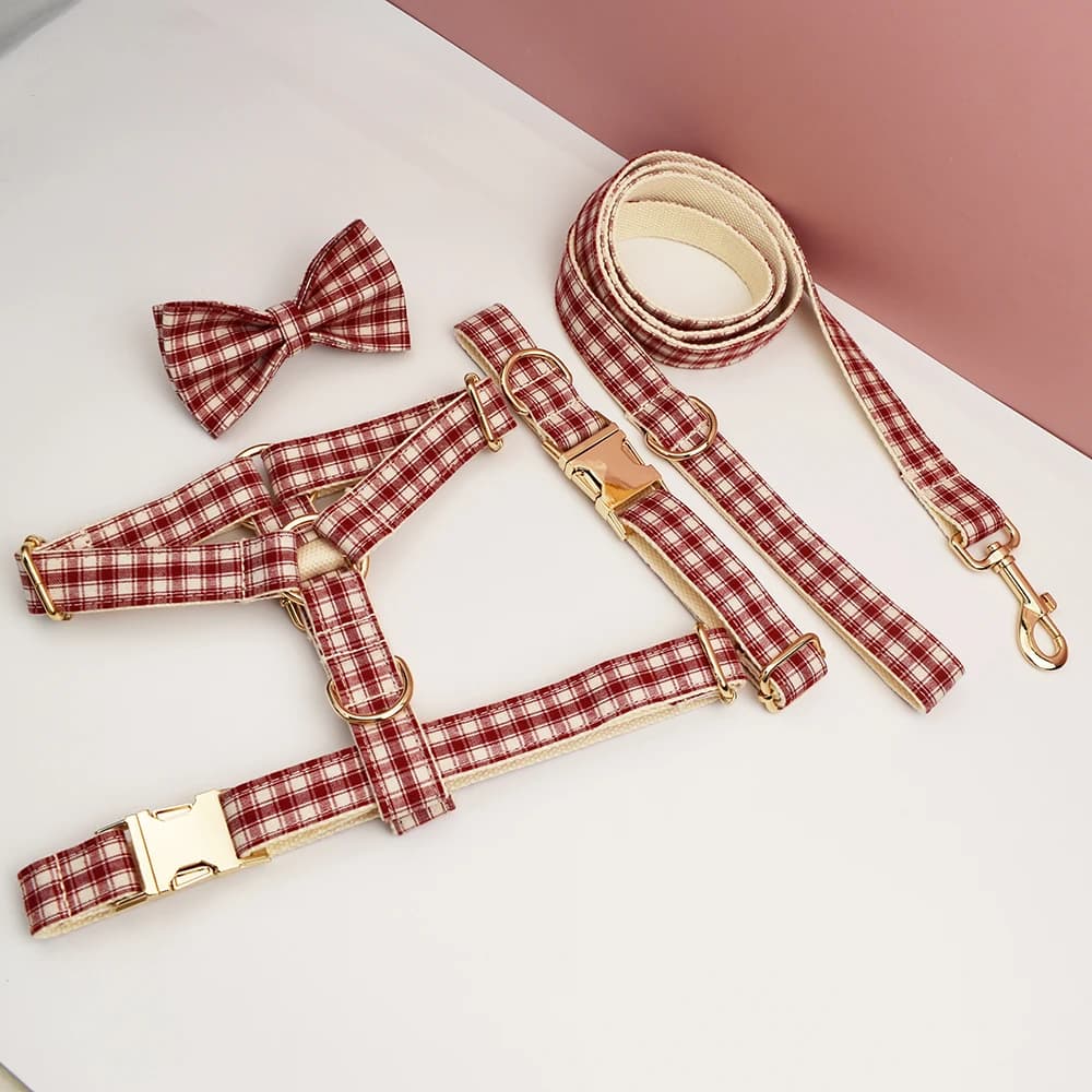 New products Custom-designed logo. Red Plaid Pattern Soft Dog Collar Leash strap Engraved Collar And Harness Grid 22