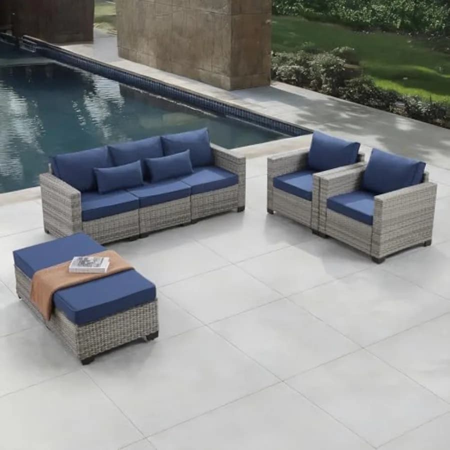 Set di 5 Pezzi di Mobili da Esterno con Copertura, Set Conversazione in Rattan PE Blu Royal con Divano
