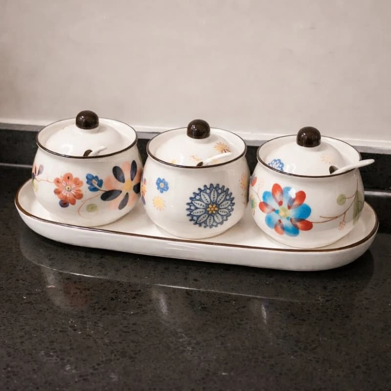 Condimento in ceramica Condimento al sale da cucina Set di scatole di immagazzinaggio Condimento di peperoncino spruzzato di olio di bell'aspetto per la casa