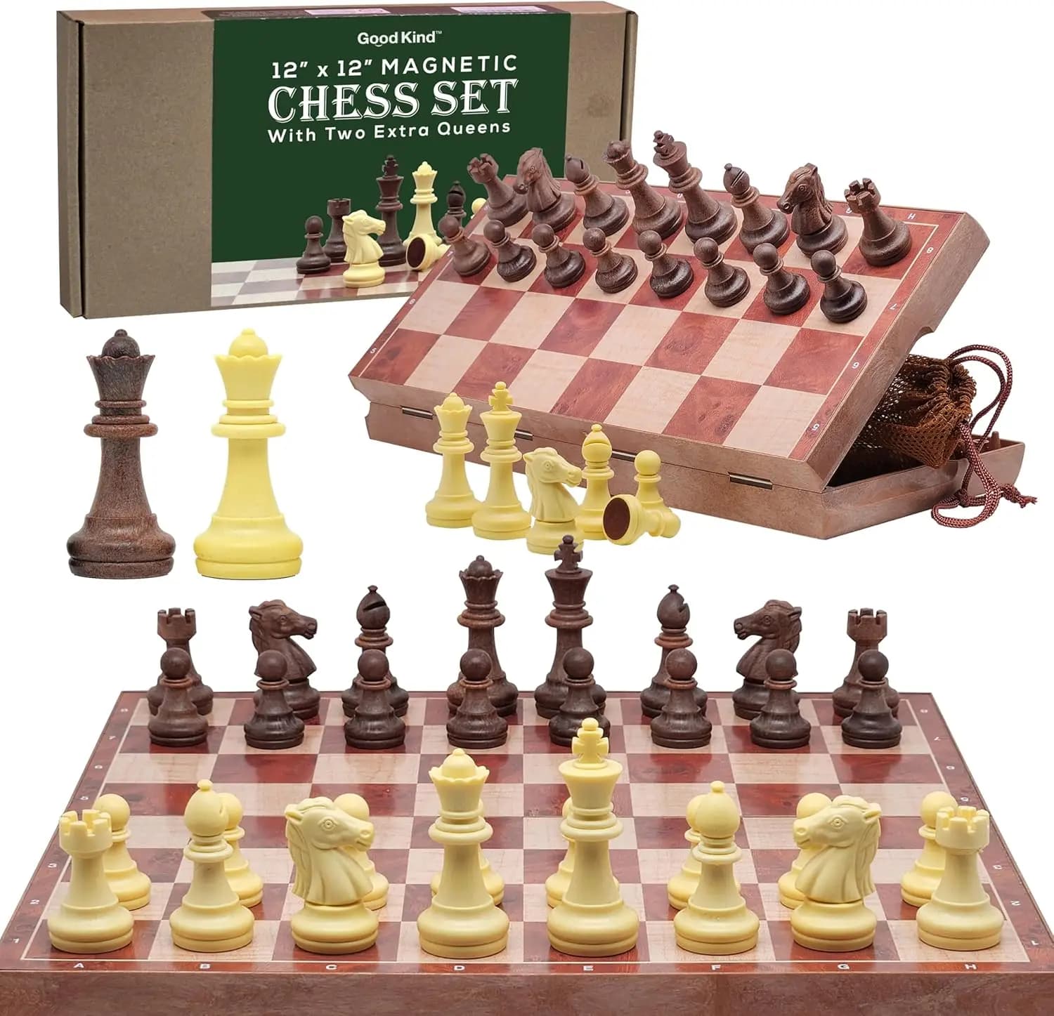 Set di scacchi da viaggio magnetico per bambini e adulti, 12' x 12', gioco di scacchi portatile con 2 regine extra e borse portaoggetti