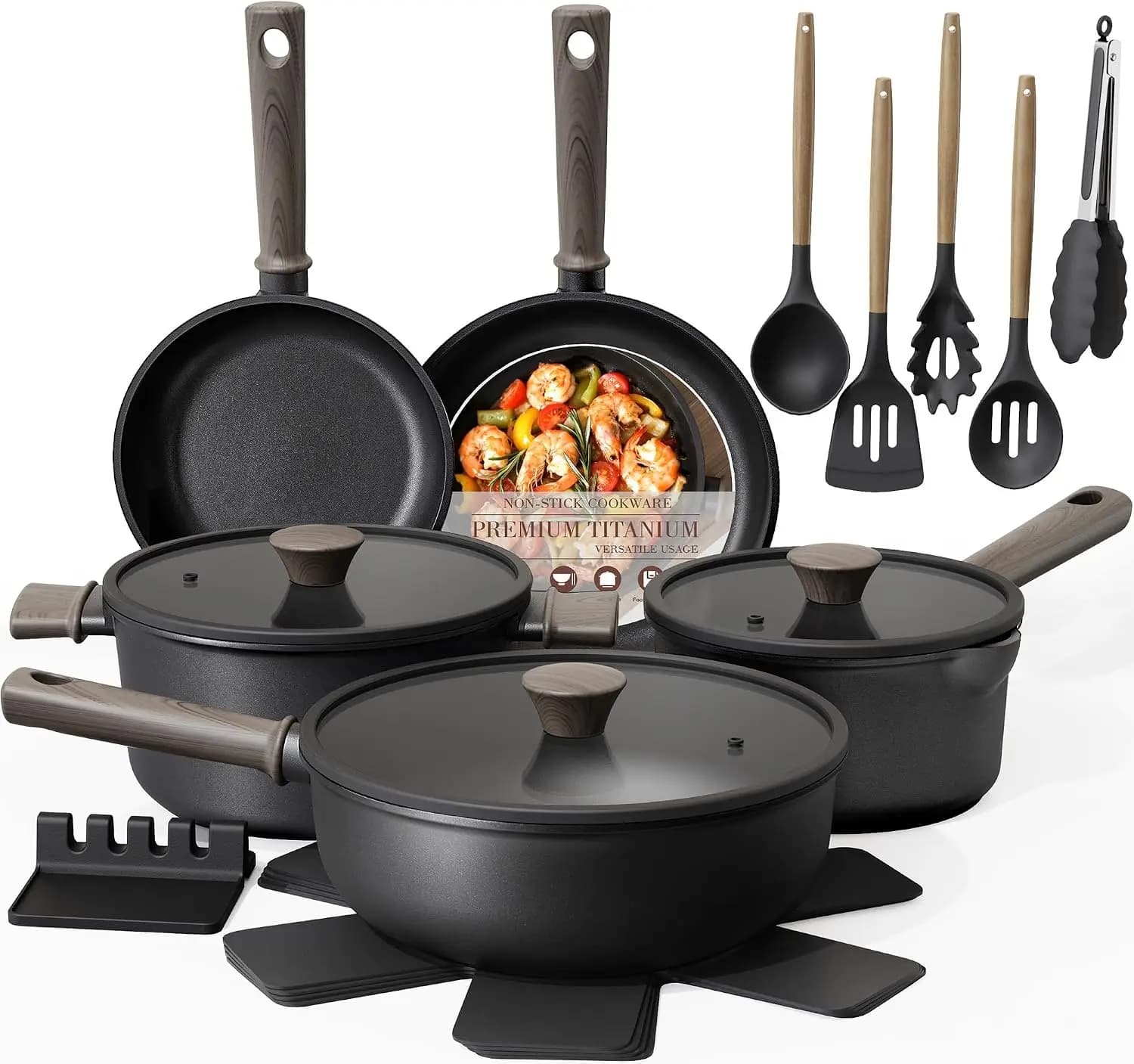 19 Pcs Pots Pans Set Non Stick Black Titanium Induction Kitchen Cookware Sets Frying Pans Non Toxic Healthy Cooking PTFE PFOA PF