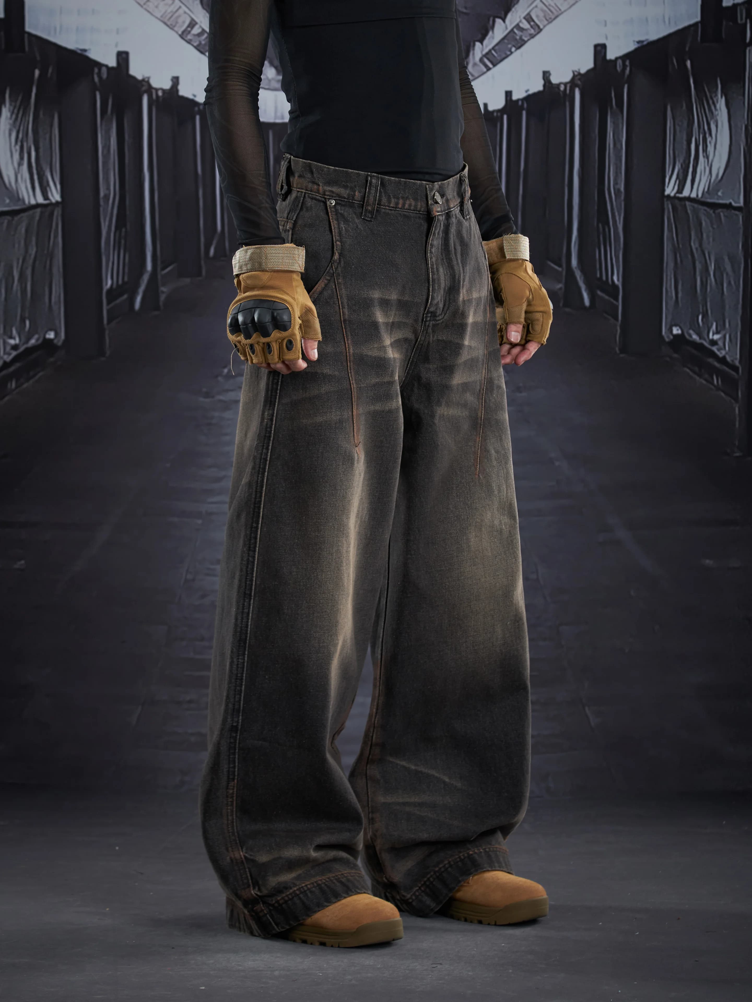 Design di interesse speciale Bronzo Nero Mucca Acqua di lavaggio Jeans super larghi dritti classici abbinati American Street