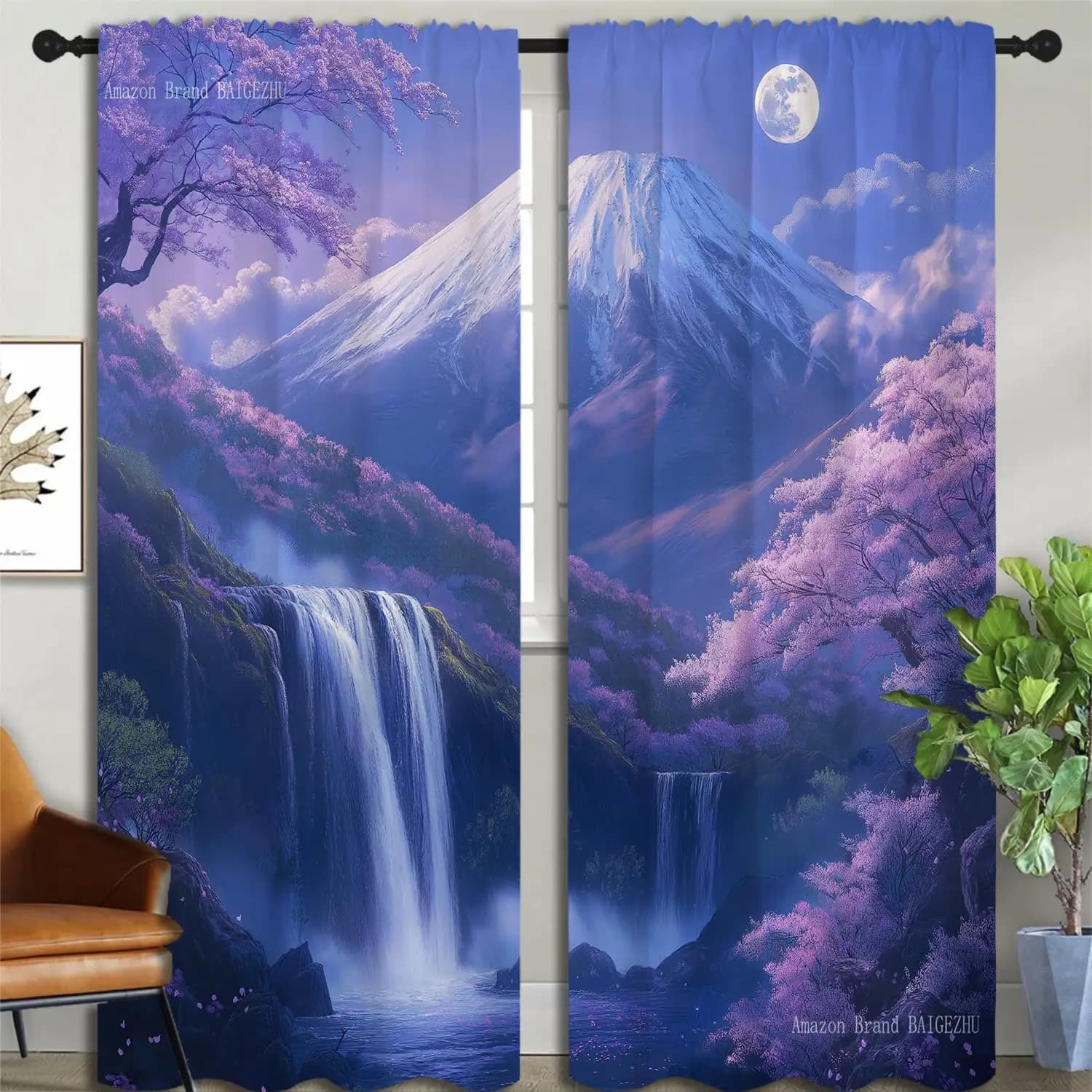 Tende Oscuranti Giapponesi con Montagna Fuji per Ragazzi e Ragazze, Paesaggio Orientale con Luna Piena e Fiori di Ciliegio, 2 Pannelli con Tasca per Asta Termica