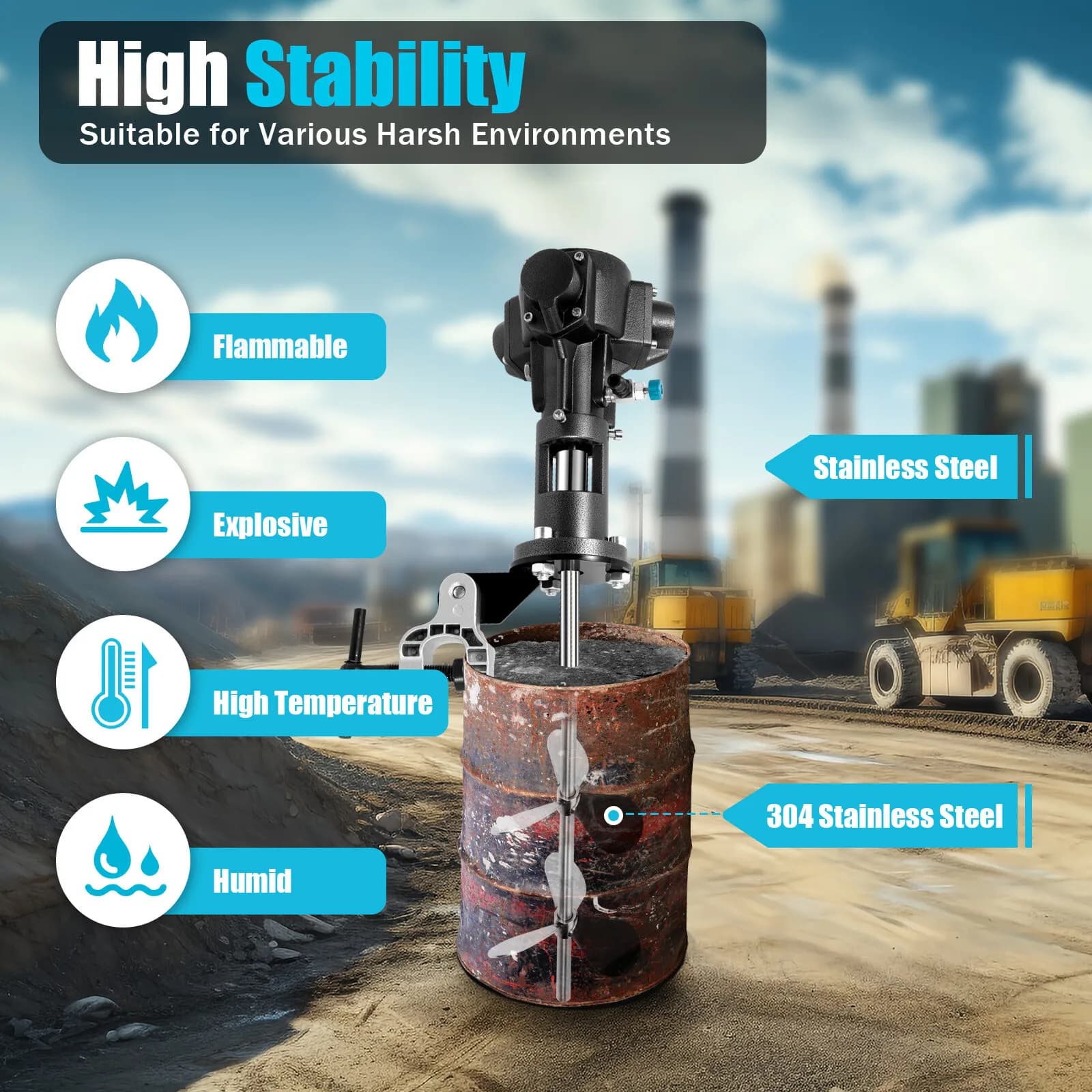 Pneumatic mixer for Paints and Chemical Liquids, Air Agitator Compressed by Fifty Gallons, Mezzo HP, Antiscintilla, Stainless Steel