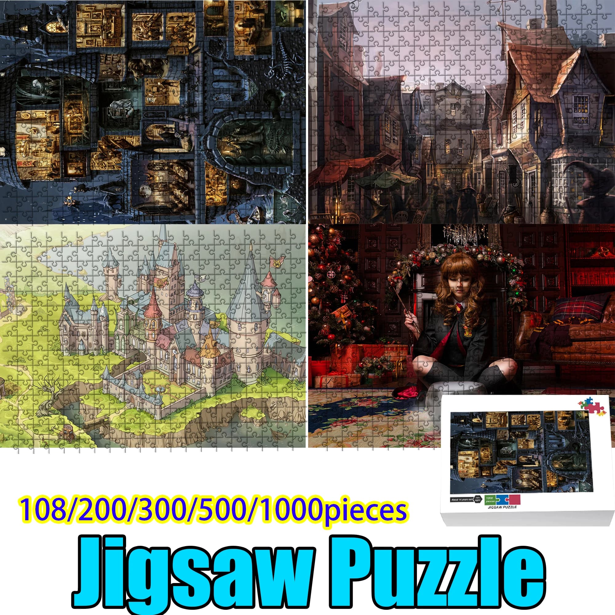Puzzle in Legno 108/200/300/500/1000 Pezzi, Puzzle del Castello di Hogwarts e della Via Diagonale, Arte del Mondo Magico di Harry Potter per i Fan