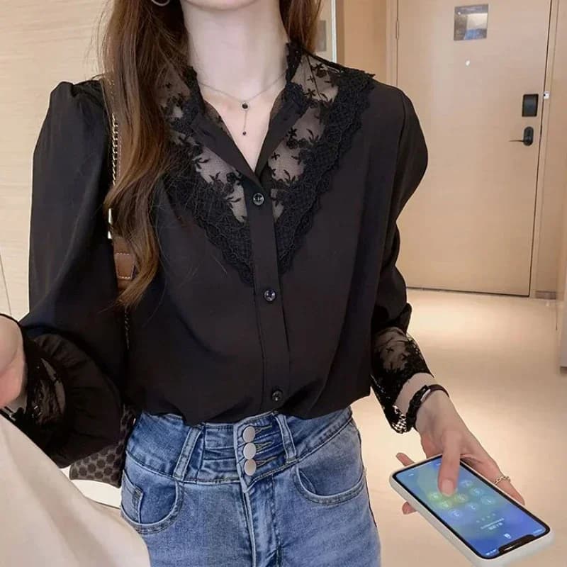 Vestiti coreani delle donne Camicette di chiffon Camicie a maniche lunghe in pizzo patchwork Camicetta di moda a maniche lunghe con scollo a V Top bianchi larghi Donna