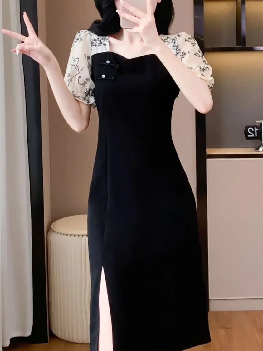 Elegant Hepburn Style Women's Dress Slimming High Waist Side Slit A-Line Skirt Short Sleeve French Style Polyester Fabric