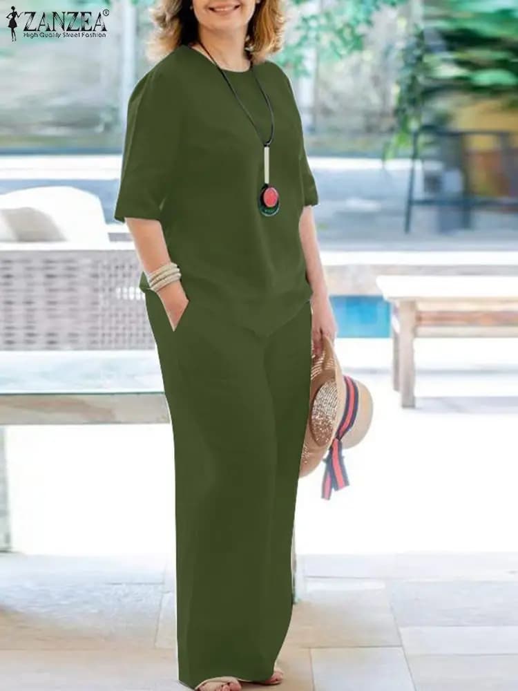 ZANZEA fashion summer women's suits coordinated complete in cotton half sleeve blouse and trousers set of trousers causal dresses