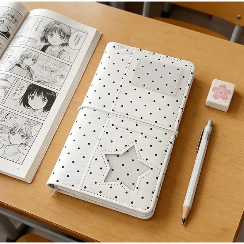 Quaderno A6 a pois con stelle, agenda portatile per studenti e uso quotidiano con elastico e tasche