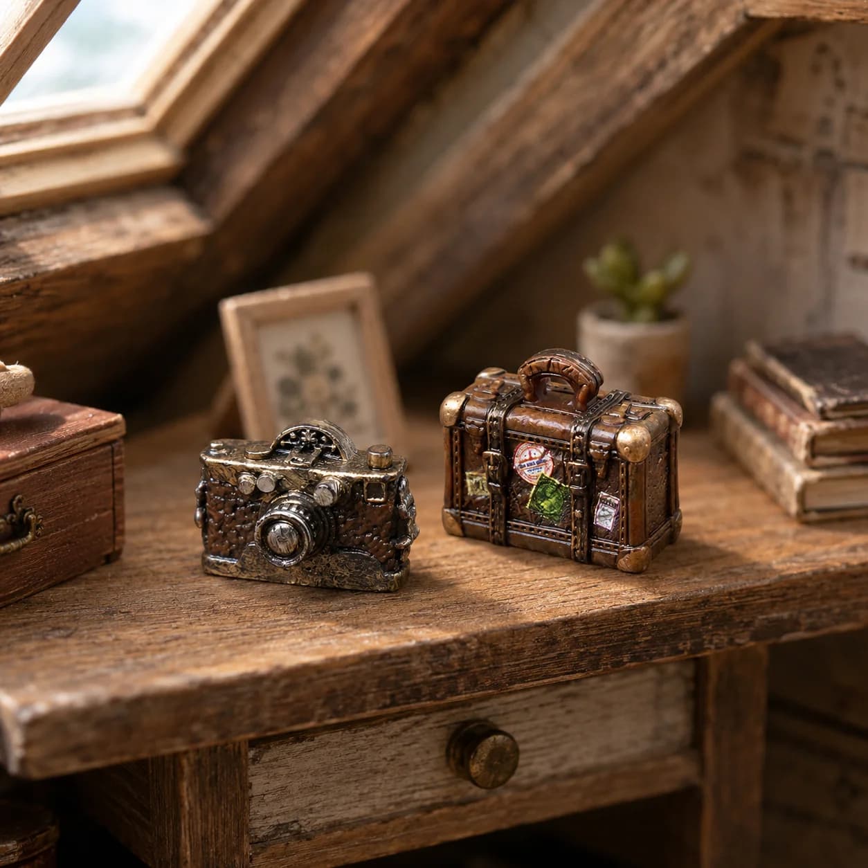 Miniature camera suitcase model, dollhouse scene setting small decorative item accessories, collection for miniature enthusiasts