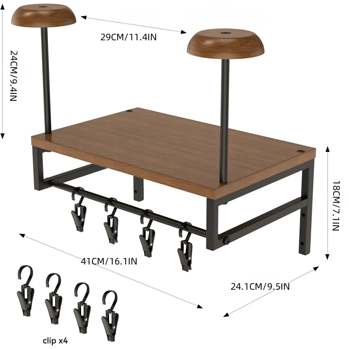 The YS-22 Motorcycle Helmet Wall-Mounted Display Rack Features A Combination of Wood and Metal. It Includes Four Glove Hooks